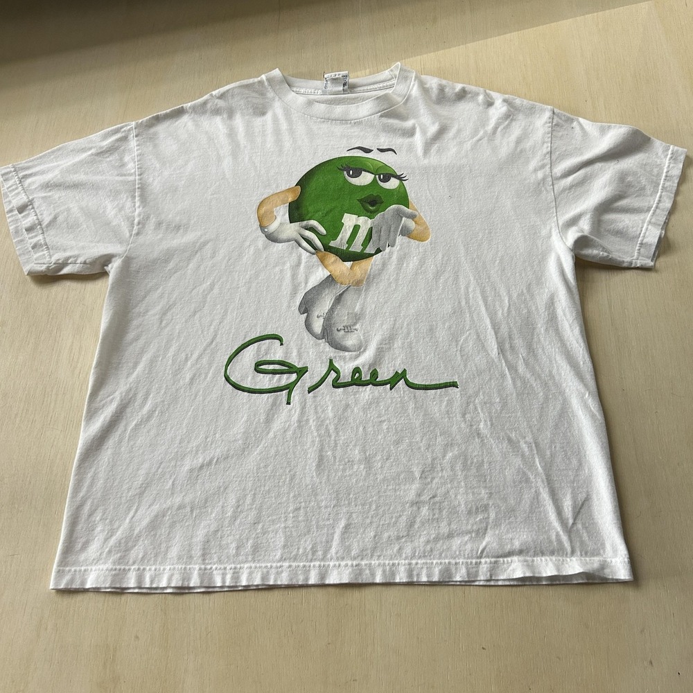 Vintage M&M's Green M&M Character Shirt Mens 2XL White Candy Logo Tee T-Shirt